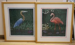 Mark Millmore (b.1956), pair of limited edition prints, Flamingo and Heron, signed in pencil, 157/