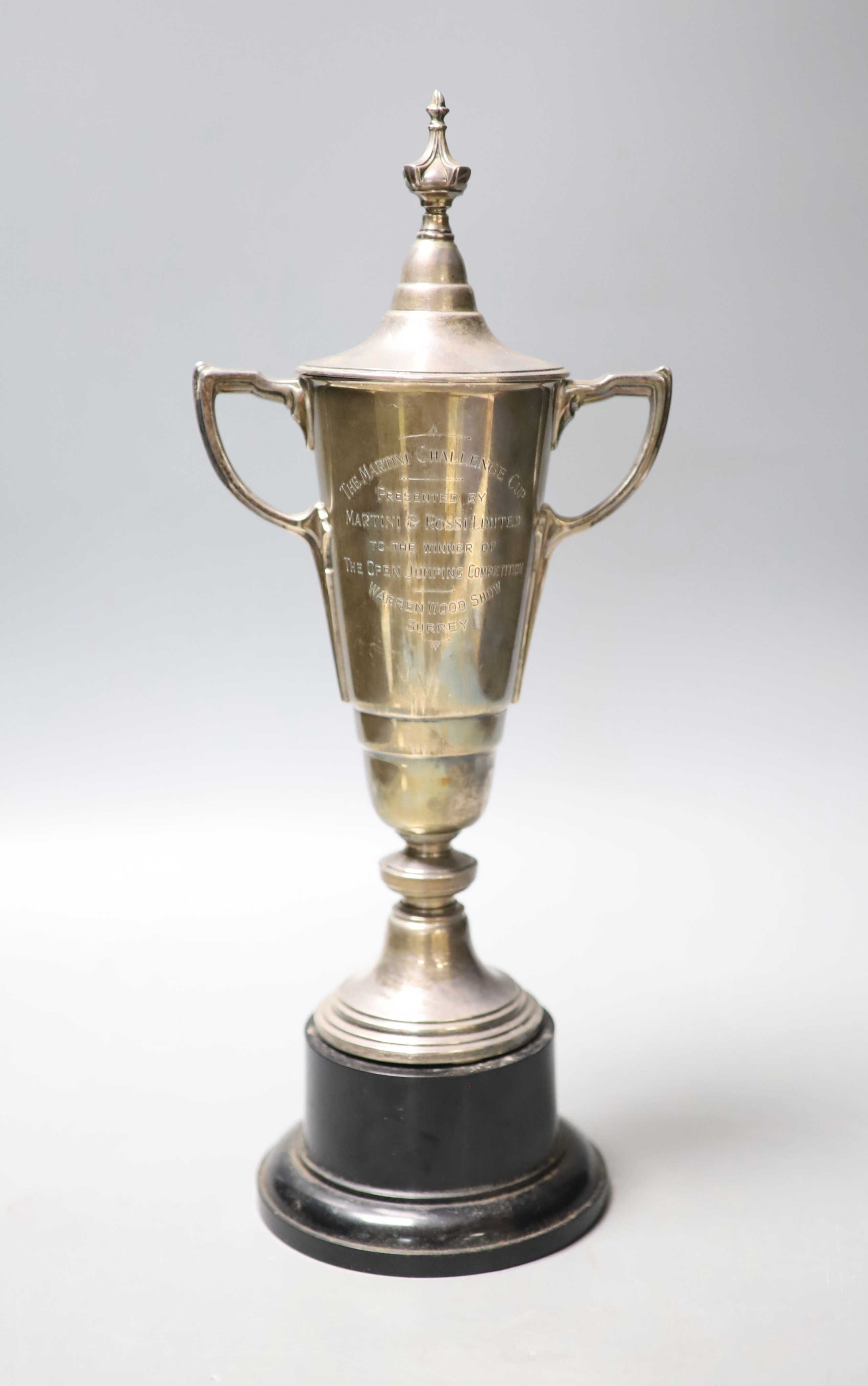 A 1950's silver two handled presentation trophy cup and cover, Adie Brothers, Birmingham, 1956,