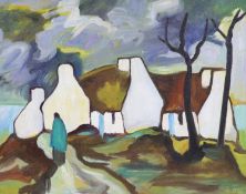 After Markey Robinson, oil on canvas, Figure and cottages in a landscape, 40 x 51cm, unframed