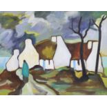 After Markey Robinson, oil on canvas, Figure and cottages in a landscape, 40 x 51cm, unframed