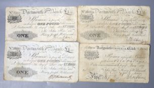 Dartmouth Central Bank, 1818-1823 banknotes, three £1 and one £5 bank note