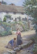 William Harris Weatherhead (1843-1903), watercolour, Women beside a stream, cottages beyond,