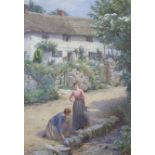 William Harris Weatherhead (1843-1903), watercolour, Women beside a stream, cottages beyond,