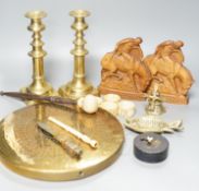 Mixed brass wares, candlesticks, gong etc together with mixed collectibles - music box, ivory,
