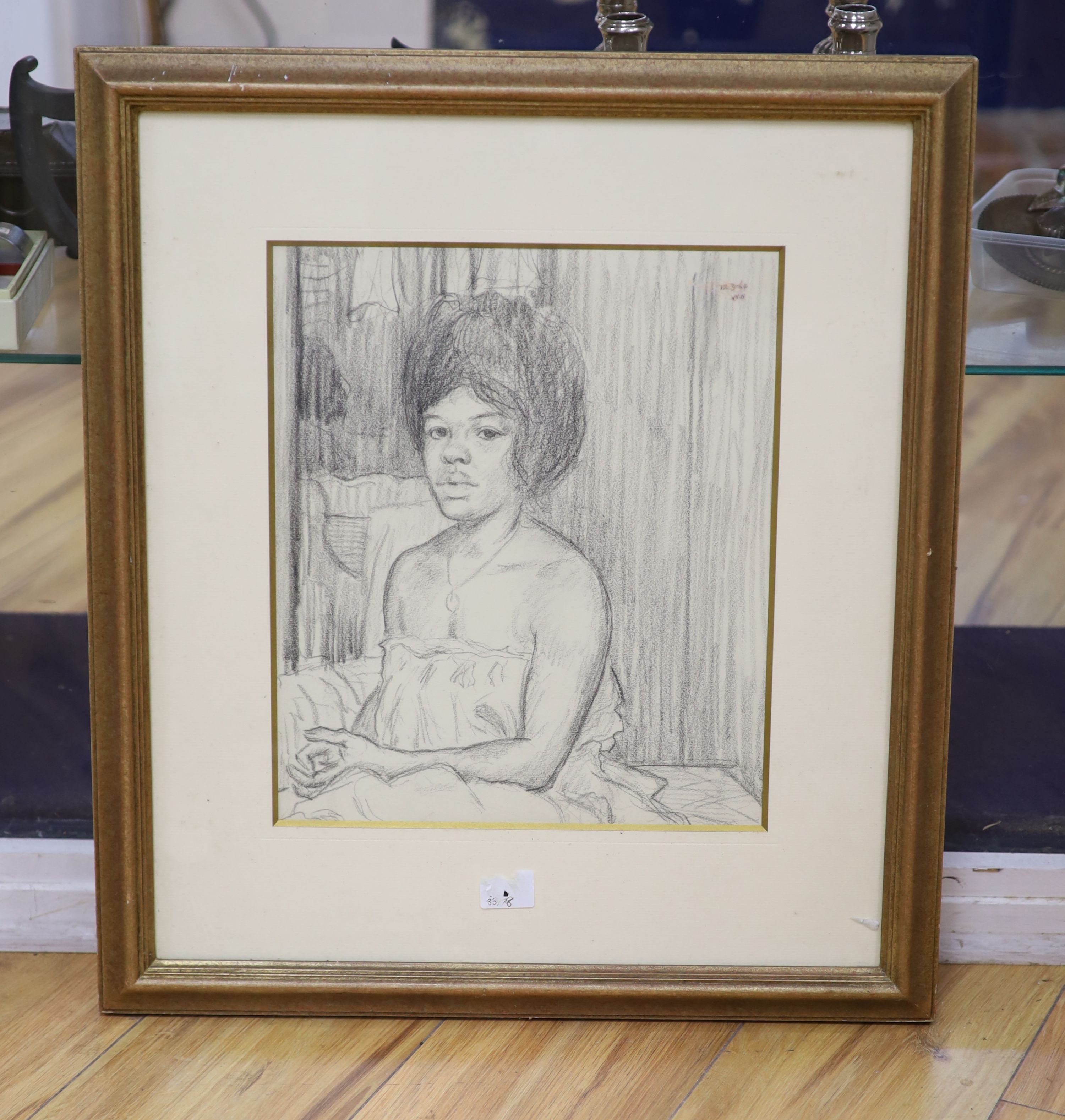 Clifford Hall (1904-1973), pencil drawing, Portrait of a black girl, signed and dated 12 3 64, 33 - Image 2 of 3