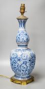 An 18th/19th century Delft blue and white octagonal double gourd vase, mounted as a lamp50 cm