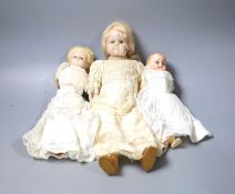 A wax pumpkin head, 11in., wax over comp. damaged, a German composition glass eyes dolls, tallest