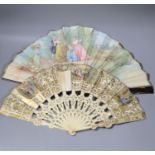 A late 19th century French painted vellum and tortoishell fan, 29.5cm and another