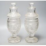 A pair of 19th century cut glass sweetmeat jars and covers, H 30cm