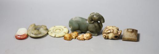 A group of Chinese archaistic jade and hardstone carvings, largest, 9cm (8)