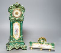 A Dresden porcelain model longcase timepiece and matching ink stand34cm