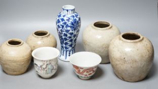 A Chinese blue and white vase, Xuande mark, c.1900, two late 19th Century Chinese cups and four