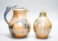 Toff Milway (b.1949) for Conderton Pottery, an ovoid stoneware vase and a fish handled jug25cm