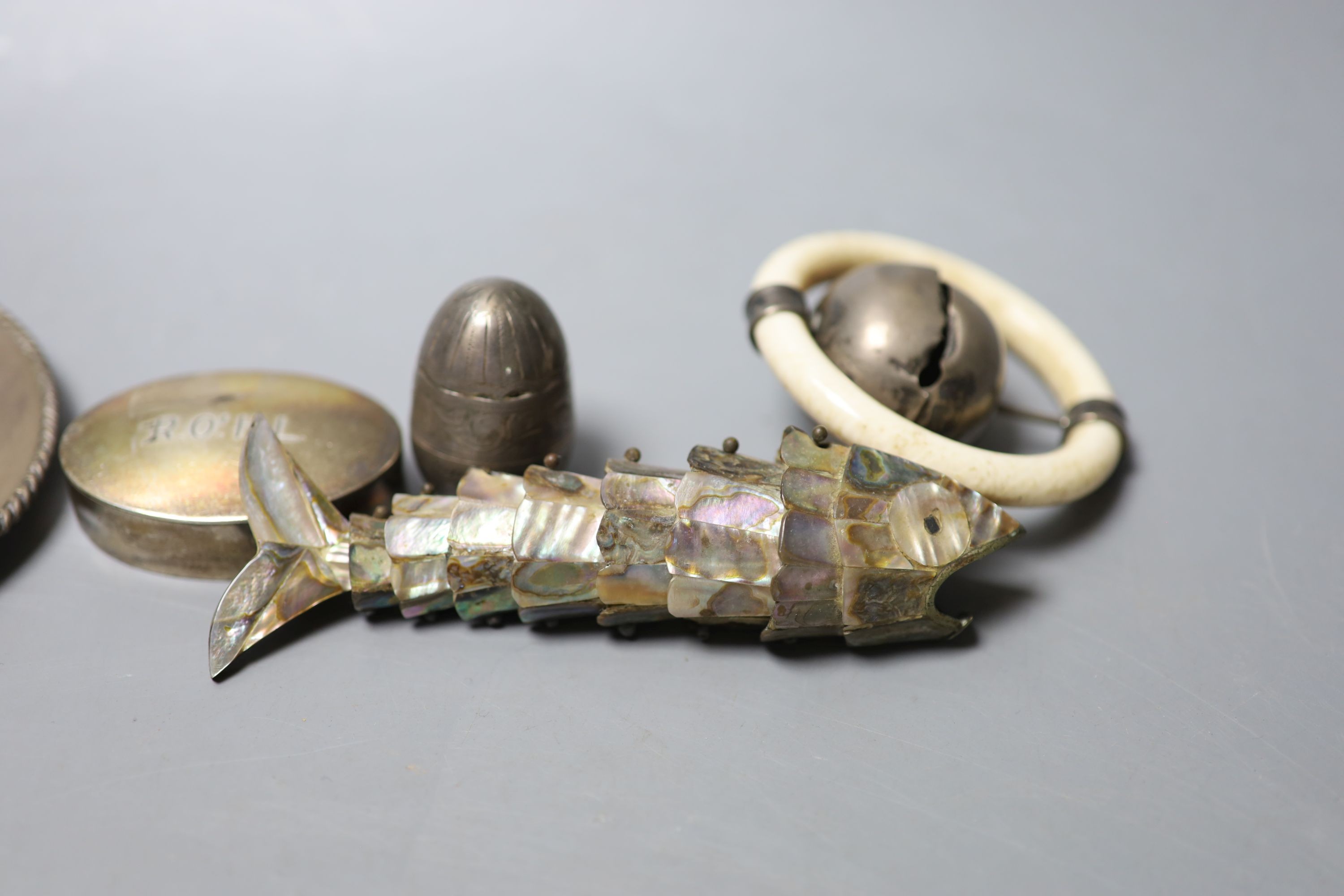 A silver and ivory baby's rattle with teething ring and a Mexican sterling 'hat' snuffer and three - Image 3 of 3