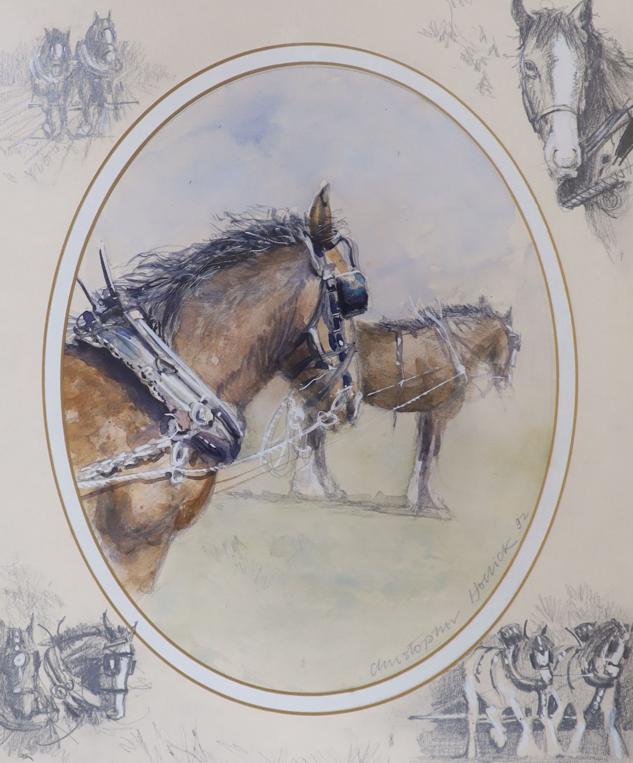 Christopher Hollick (1946-), pencil and watercolour, Study of Shire horses, signed and dated '92, 31