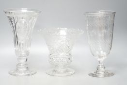 Three early 20th century cut and engraved glass vases25cm