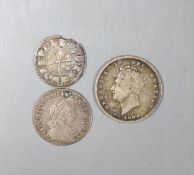 A Louis XIII 1643 five sols and a George IV shilling and a medieval coin