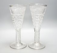 A pair of 19th century large glass goblets or vases, each on spiral-twist stem and circular foot