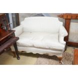 A small Queen Anne style upholstered two seater settee, length 126cm, depth 70cm, height 82cm