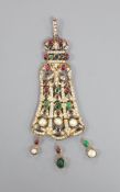 An Indian gilt metal and multi gem set drop pendant, with two loose drops, 12.7cm.