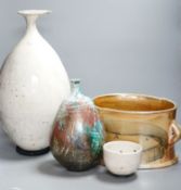 Studio pottery- an Allison Weightman raku fired large albastron form vase, ovoid vase and cup and