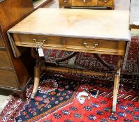 A reproduction inlaid mahogany sofa table, width 88cm, depth 55cm, height 74cm