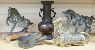 Two Tang style horses and other Asian metalware29cm