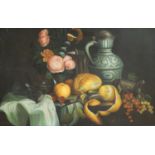 A modern oil on canvas board, Still life with fruit and flowers, indistinctly signed, 40 x 61cm