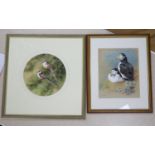 G Kirby (b.1912) gouache, Puffins, signed, 26 x 21cm. And a Neil Cox (1955-), watercolour of long-
