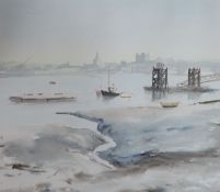 Michael Blaker, ink and watercolour, Rochester from Strood, signed, 42 x 48cm