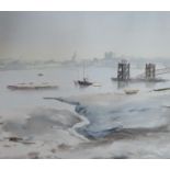 Michael Blaker, ink and watercolour, Rochester from Strood, signed, 42 x 48cm