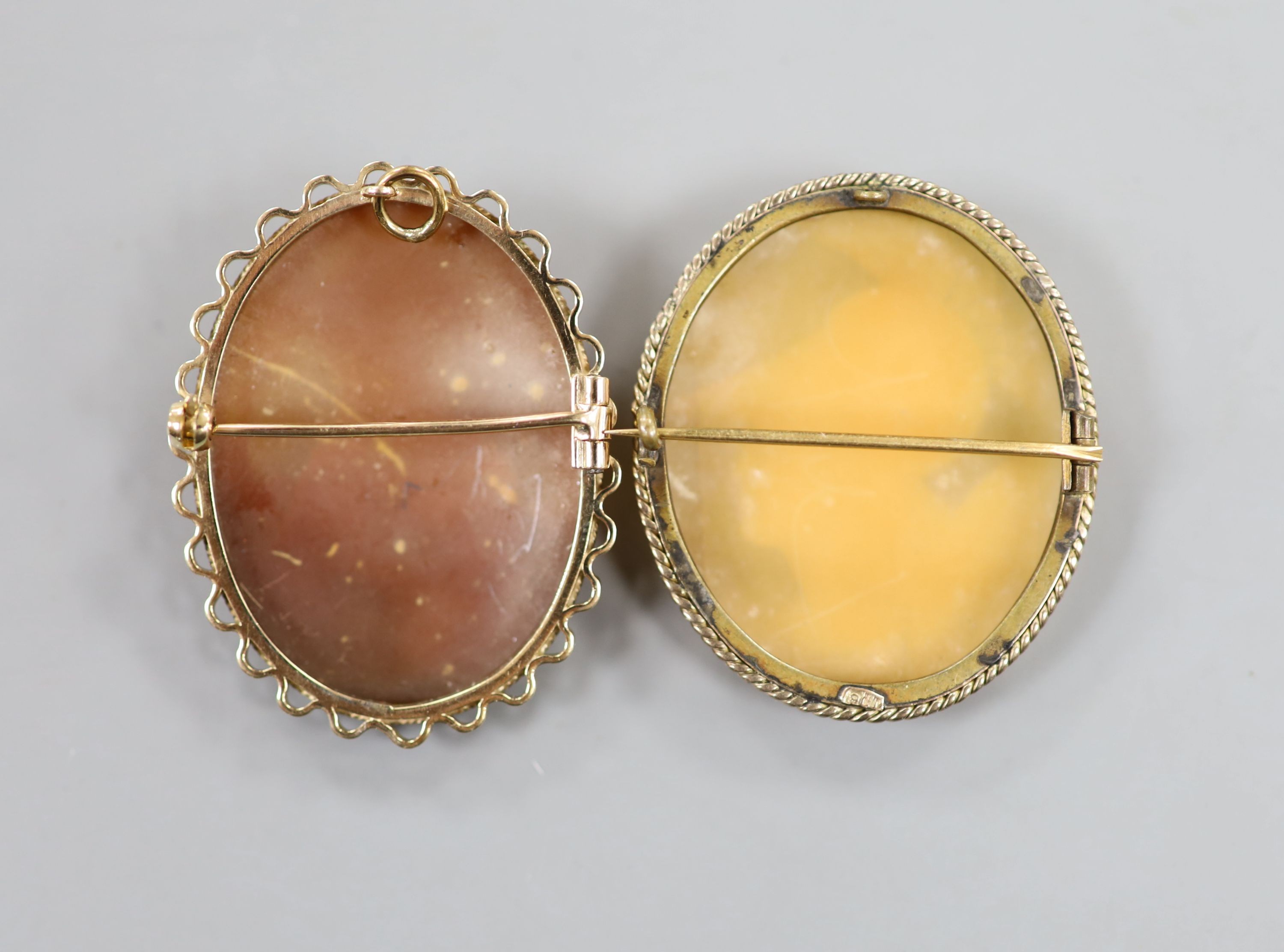 Two 9ct mounted oval cameo shell brooches, one with pendant mount, largest 44mm, gross weight 20 - Image 2 of 2