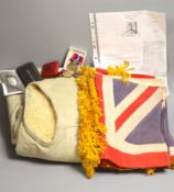 A military Union Flag and American Flag, sheepskin jerkin, 2nd war medal to S/SJT W L Blissett and