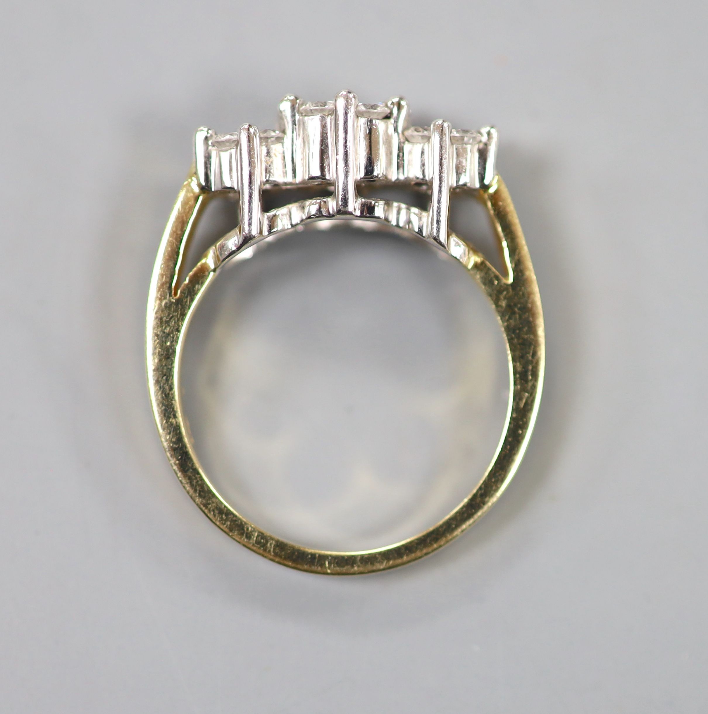 A modern 14k and diamond set triple cluster ring, size O, gross weight 6.3 grams. - Image 3 of 3