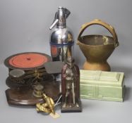 A set of letter scales and weights, a painted metal 'Medieval Knight' table lighter and sundry