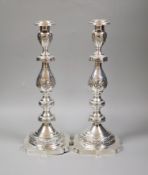 A pair of George V silver Sabbath Day candlesticks, Morris Salkind?, London, 1921, 36.9cm,31.5oz.