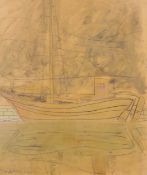 Leonard Baskin (1922-2000), mixed media on paper, Fishing boat in harbour, signed and dated '63,