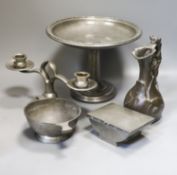 J Garnier - cast pewter jug in Art Nouveau style, Two Liberty's Tudric hammered pewter items and two