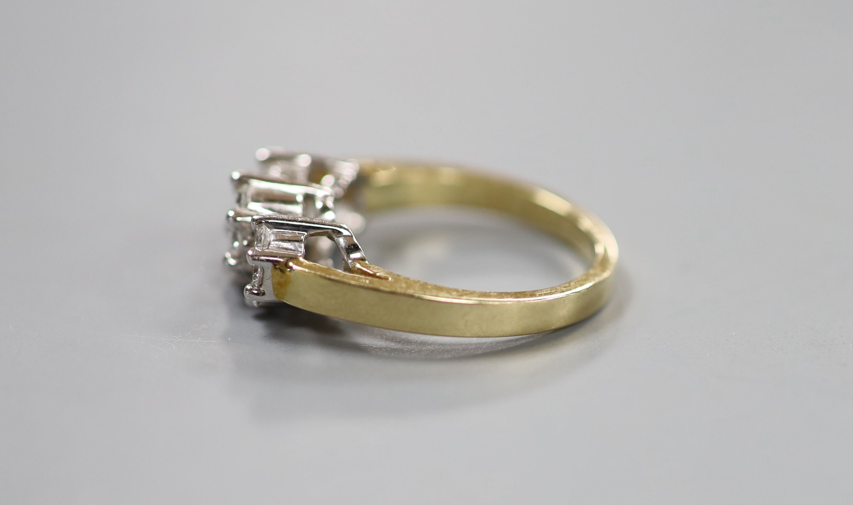 A modern 14k and diamond set triple cluster ring, size O, gross weight 6.3 grams. - Image 2 of 3