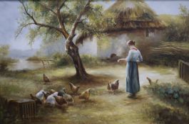C. Garnier (20th century British), oil on canvas, ‘’Feeding the chickens’’, signed, 50 x 76cm.