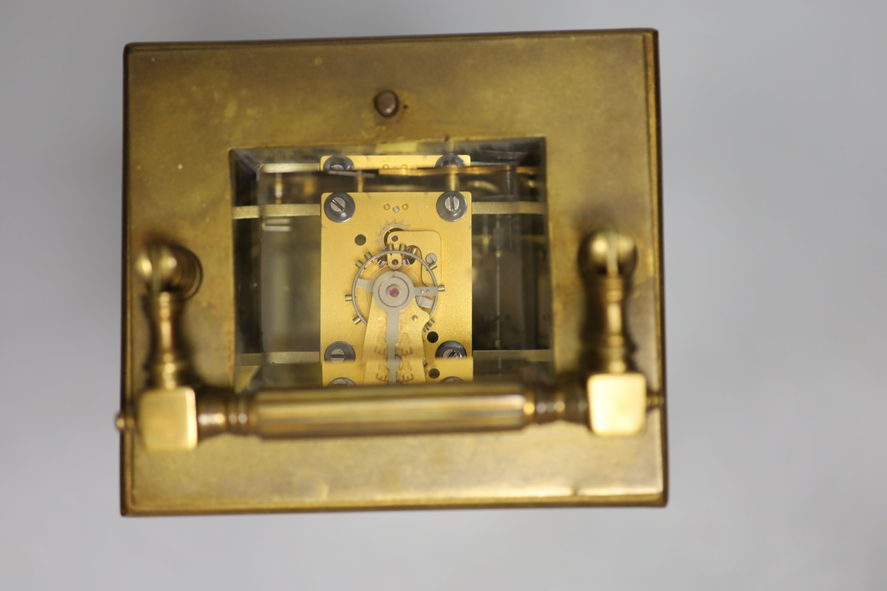 An Edwardian Corinthian brass repeating carriage clock, 20cm high to handle - Image 4 of 4
