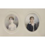 Early 19th century English School, pair of oil on ivory miniatures, Portraits of a youth and young