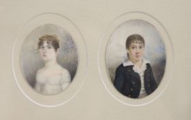 Early 19th century English School, pair of oil on ivory miniatures, Portraits of a youth and young