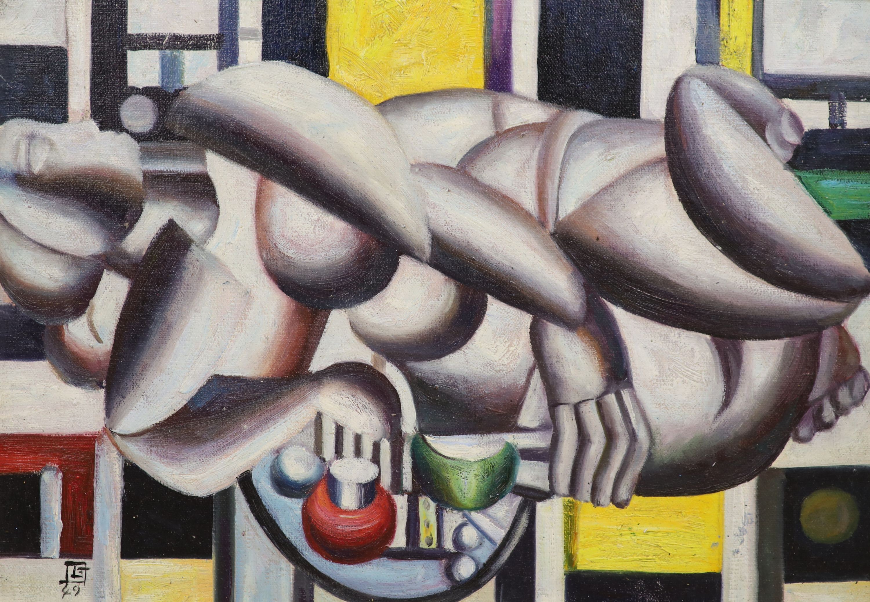 A modern Cubist style oil on board, Reclining nude, 28 x 40cm