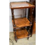 A Victorian burr walnut three tier whatnot, width 41cm, depth 38cm, height 98cm