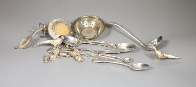 A Victorian silver fiddle pattern sauce ladle, two Victorian Scottish silver teaspoons, a pierced
