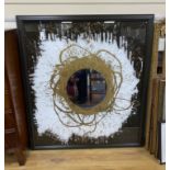 A large contemporary artwork on glass, with abstract pattern and centre mirror in frame, unsigned,