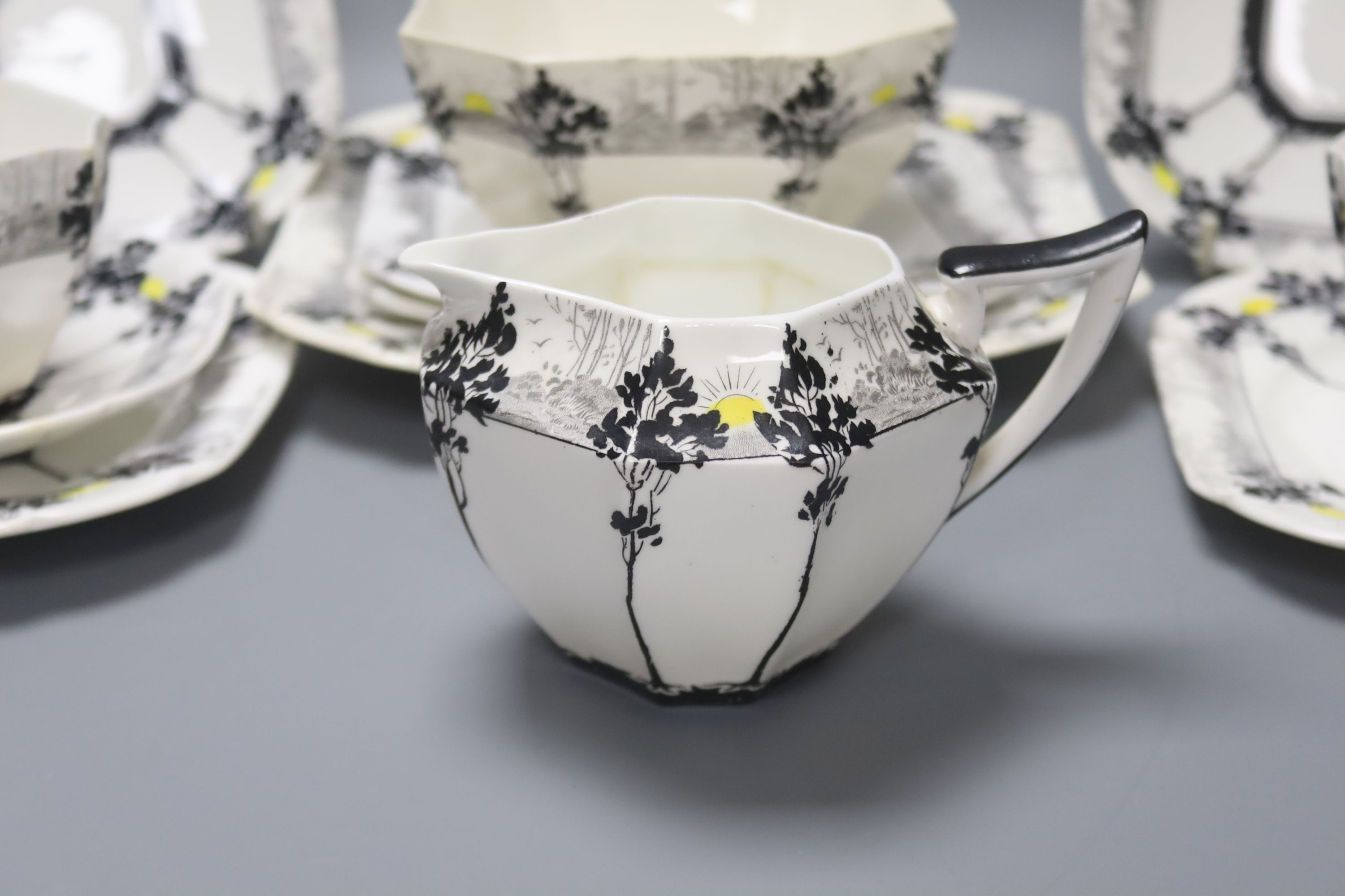 A Shelley Art Deco 'Sunrise and Tall Trees' pattern tea set - Image 3 of 7