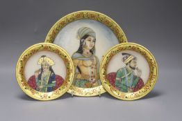 An Indian alabaster plate painted with figures and 2 others22cm