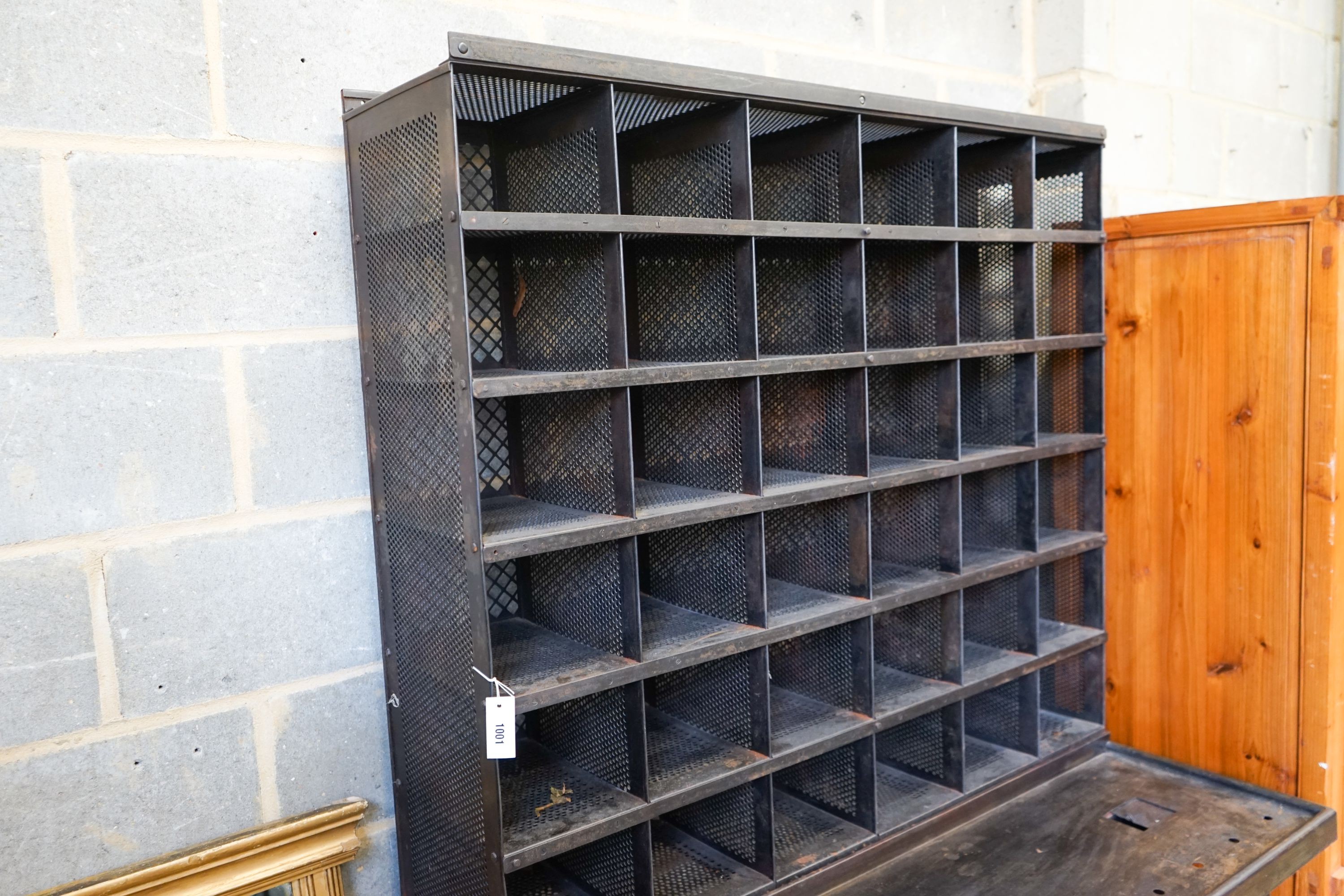 A Royal Mail metal mail sorting unit with integral seat, width 125cm, depth 71cm, height 191cm - Image 2 of 5